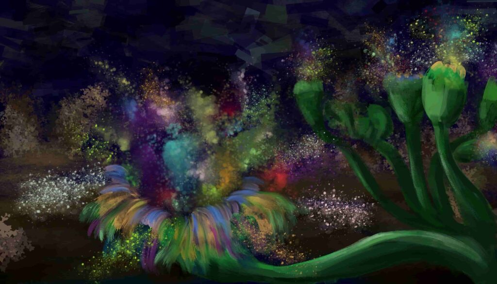 Digital Painting of Aplik Rocks Creation showing Stars Flowers Light explosion unto a deep galactic sky.